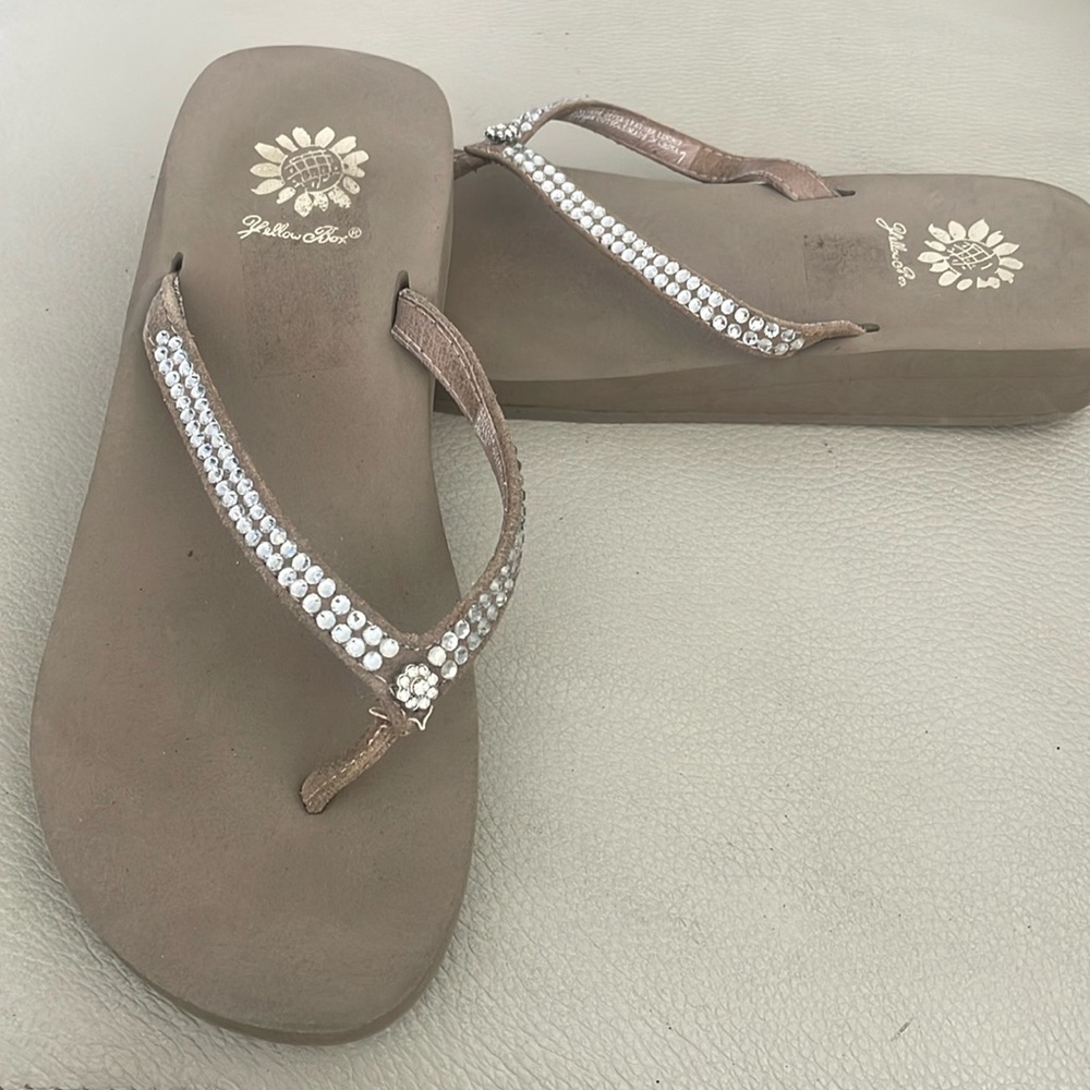 YELLOW BOX JEWELED BEIGE WEDGE FLIP FLOP